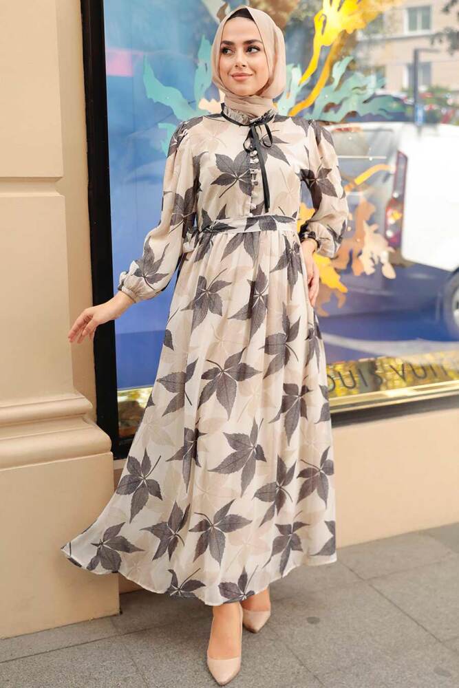 Neva Style - Yaprak Desenli Siyah Tesettür Elbise 10405S - NEVA STYLE