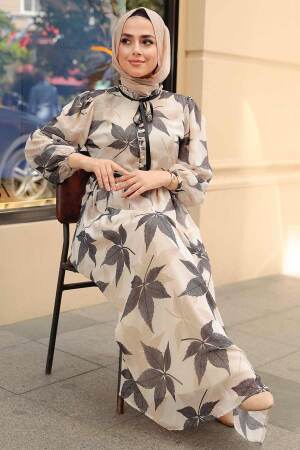 Neva Style - Yaprak Desenli Siyah Tesettür Elbise 10405S - 2
