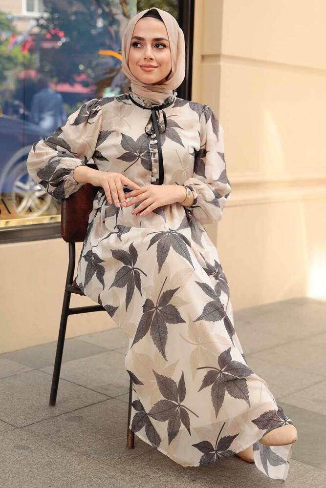 Neva Style - Yaprak Desenli Siyah Tesettür Elbise 10405S - 2