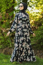 Neva Style - Yaprak Desenli Siyah Tesettür Elbise 1481S - Thumbnail