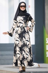 Neva Style - Yaprak Desenli Siyah Tesettür Elbise 15258S - Thumbnail