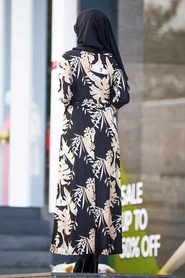 Neva Style - Yaprak Desenli Siyah Tesettür Elbise 15258S - Thumbnail