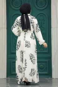 Neva Style - Yaprak Desenli Siyah Tesettür Elbise 20042S - Thumbnail