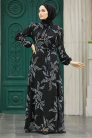Neva Style - Yaprak Desenli Siyah Tesettür Elbise 279310S - Thumbnail