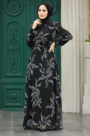 Neva Style - Yaprak Desenli Siyah Tesettür Elbise 279310S - Thumbnail