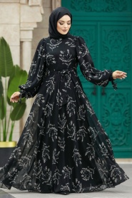 Neva Style - Yaprak Desenli Siyah Tesettür Elbise 33072S - Thumbnail