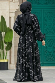 Neva Style - Yaprak Desenli Siyah Tesettür Elbise 33072S - Thumbnail