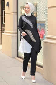 Neva Style - Yaprak Desenli Siyah Tesettür İkili Takım 10332S - Thumbnail