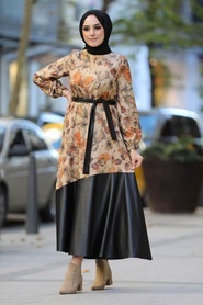 Neva Style - Yaprak Desenli Taba Tesettür Elbise 7635TB - Thumbnail