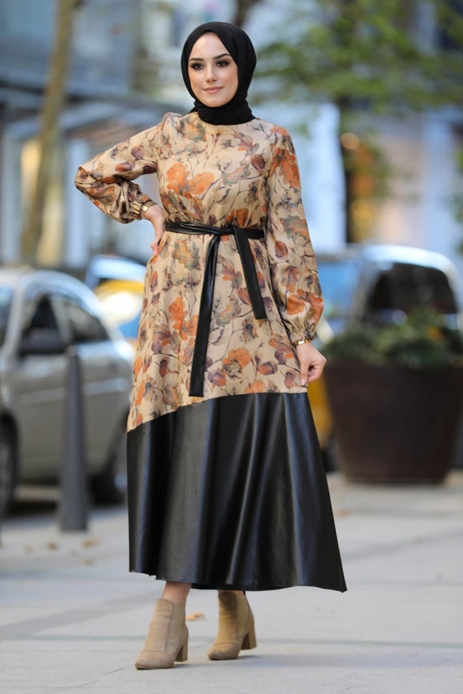 Neva Style - Yaprak Desenli Taba Tesettür Elbise 7635TB - 1