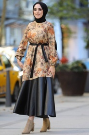 Neva Style - Yaprak Desenli Taba Tesettür Elbise 7635TB - Thumbnail