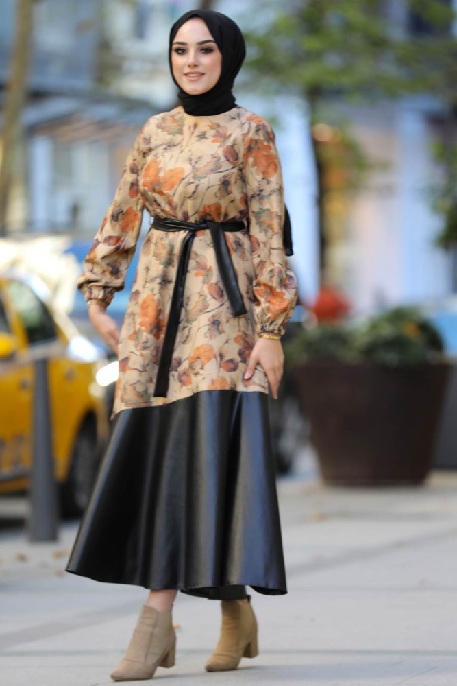 Neva Style - Yaprak Desenli Taba Tesettür Elbise 7635TB - 2