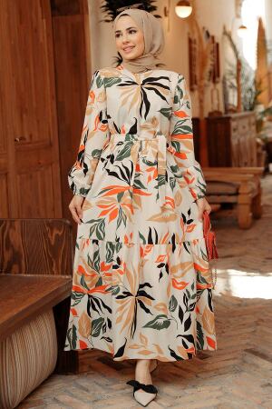 Neva Style - Yaprak Desenli Turuncu Tesettür Elbise 2325T - 2