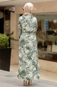 Neva Style - Yaprak Desenli Yeşil Tesettür Elbise 16140Y - Thumbnail