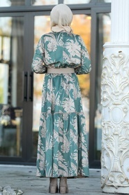Neva Style - Yaprak Desenli Yeşil Tesettür Elbise 22150Y - Thumbnail