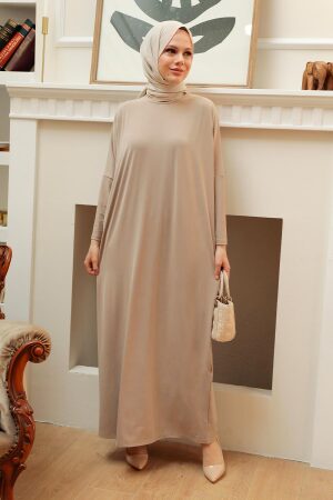 Abaya longue à manches chauve-souris – Beige 17801BEJ 