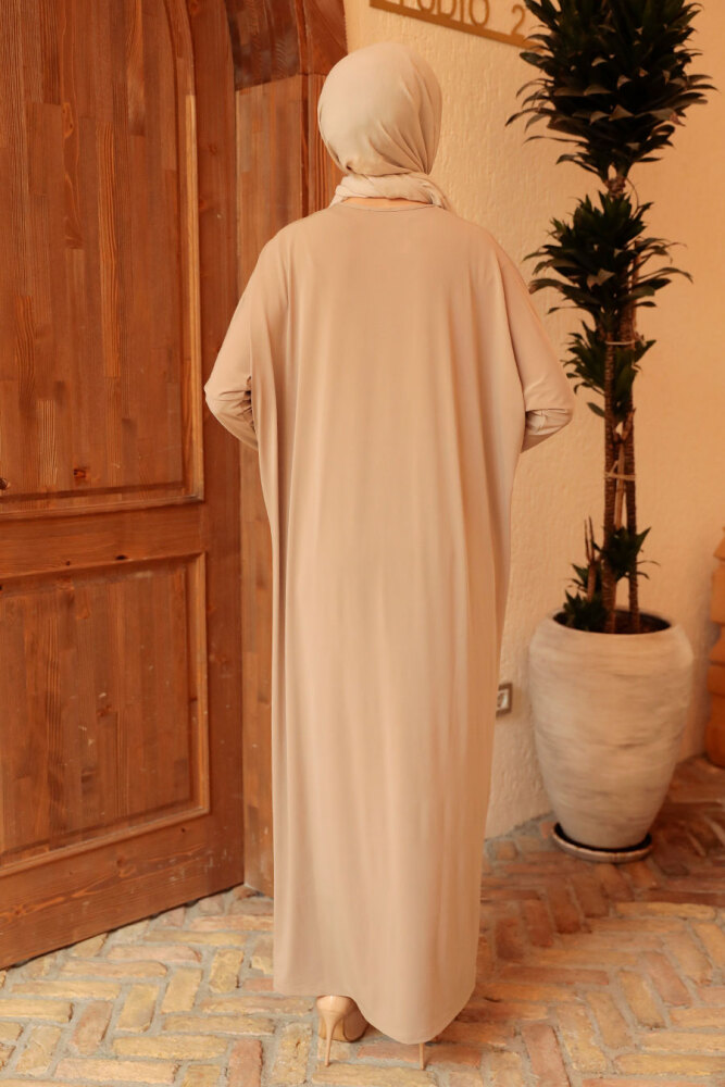 Neva Style - Yarasa Kol Bej Tesettür Ferace 17801BEJ - 3