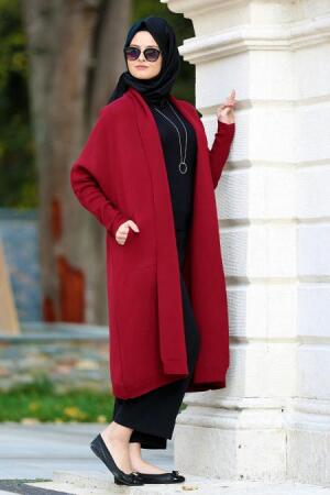 Neva Style - Yarasa Kol Bordo Tesettür Triko Hırka 2550BR - 1