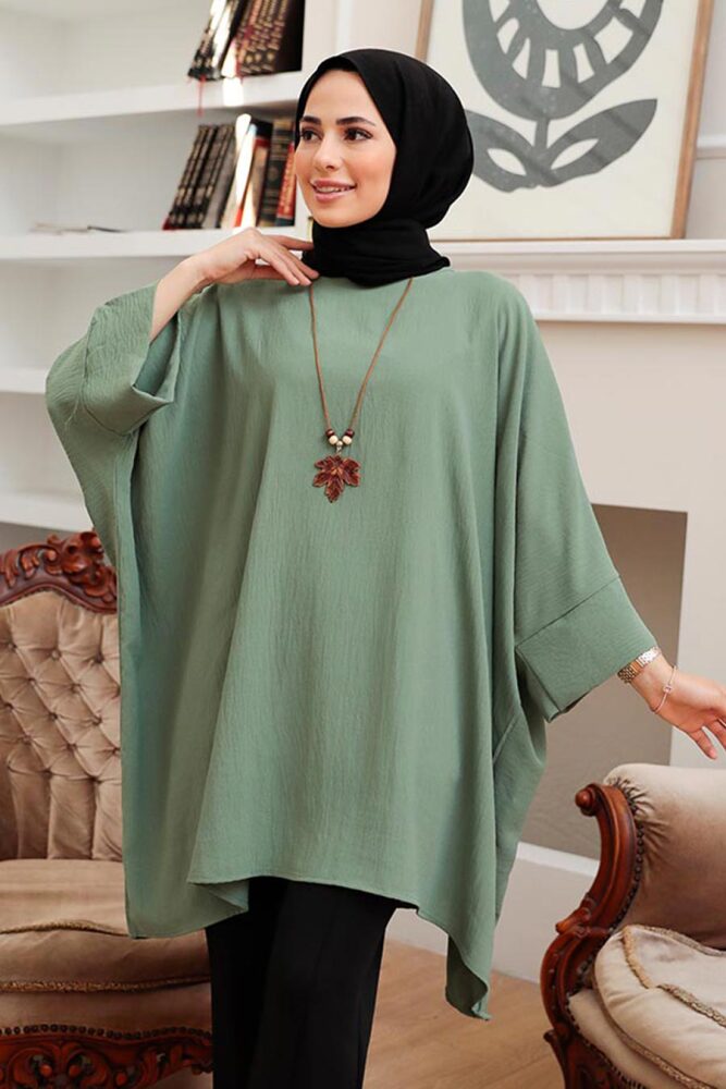 Neva Style - Yarasa Kol Çağla Yeşili Tesettür Tunik 40760CY - 1