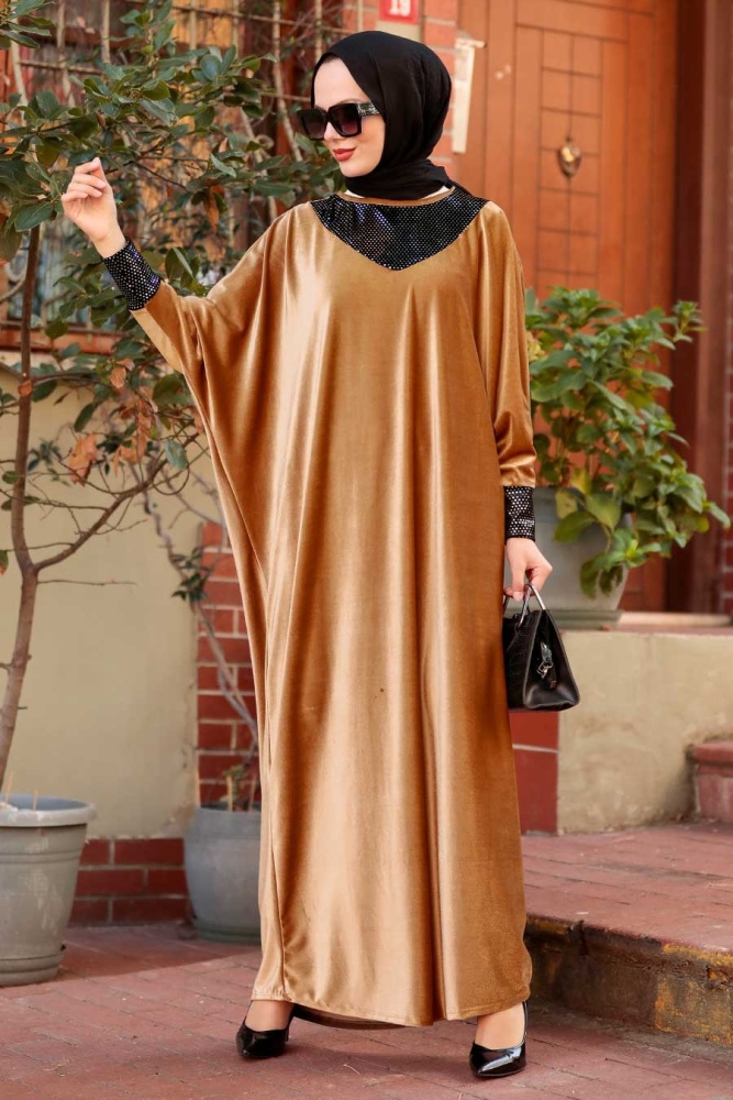 Neva Style - Yarasa Kol Camel Tesettür Kadife Elbise 10561C - 1