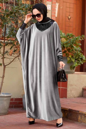 Neva Style - Yarasa Kol Gri Tesettür Kadife Elbise 10561GR - 1
