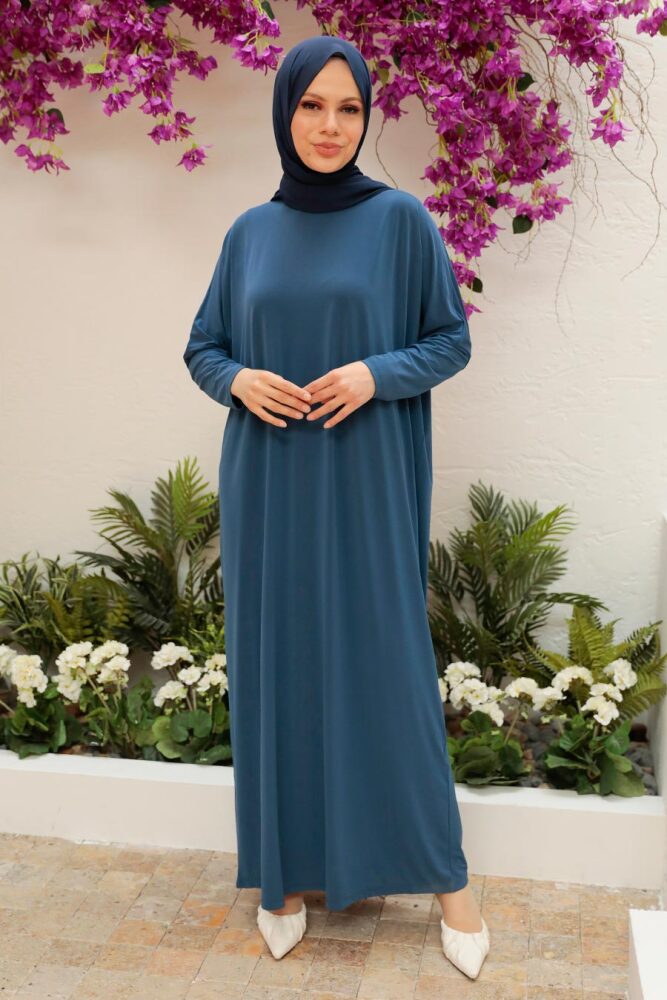 Neva Style - Yarasa Kol İndigo Mavisi Tesettür Ferace 17801IM - 3