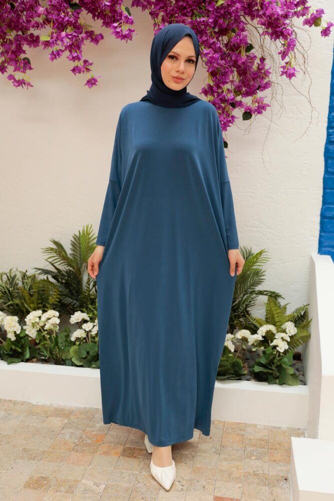 Neva Style - Yarasa Kol İndigo Mavisi Tesettür Ferace 17801IM - 1