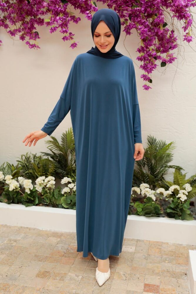 Neva Style - Yarasa Kol İndigo Mavisi Tesettür Ferace 17801IM - 2