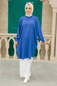Neva Style - Yarasa Kol İndigo Mavisi Tesettür Tunik 24160IM - Thumbnail