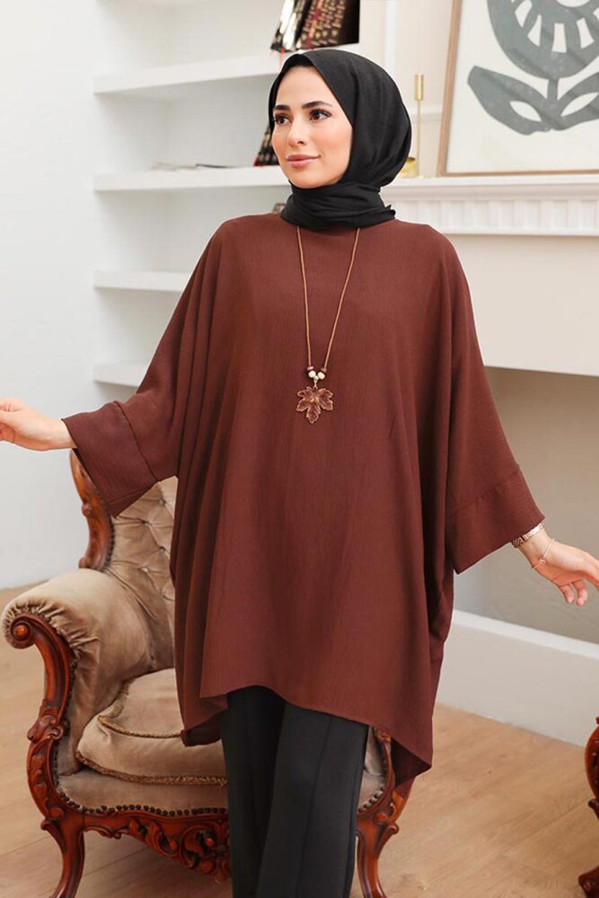 Neva Style - Yarasa Kol Kahverengi Tesettür Tunik 40760KH - 1