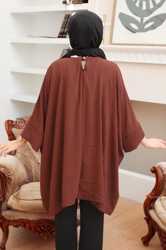 Neva Style - Yarasa Kol Kahverengi Tesettür Tunik 40760KH - 2