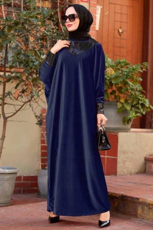Neva Style - Yarasa Kol Lacivert Tesettür Kadife Elbise 10561L - 1