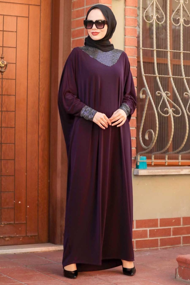 Neva Style - Yarasa Kol Mürdüm Tesettür Elbise 10560MU - 1