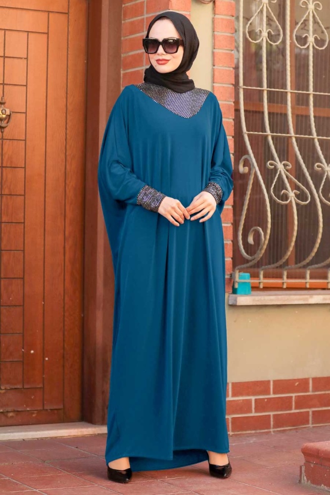 Neva Style - Yarasa Kol Petrol Mavisi Tesettür Elbise 10560PM - 1