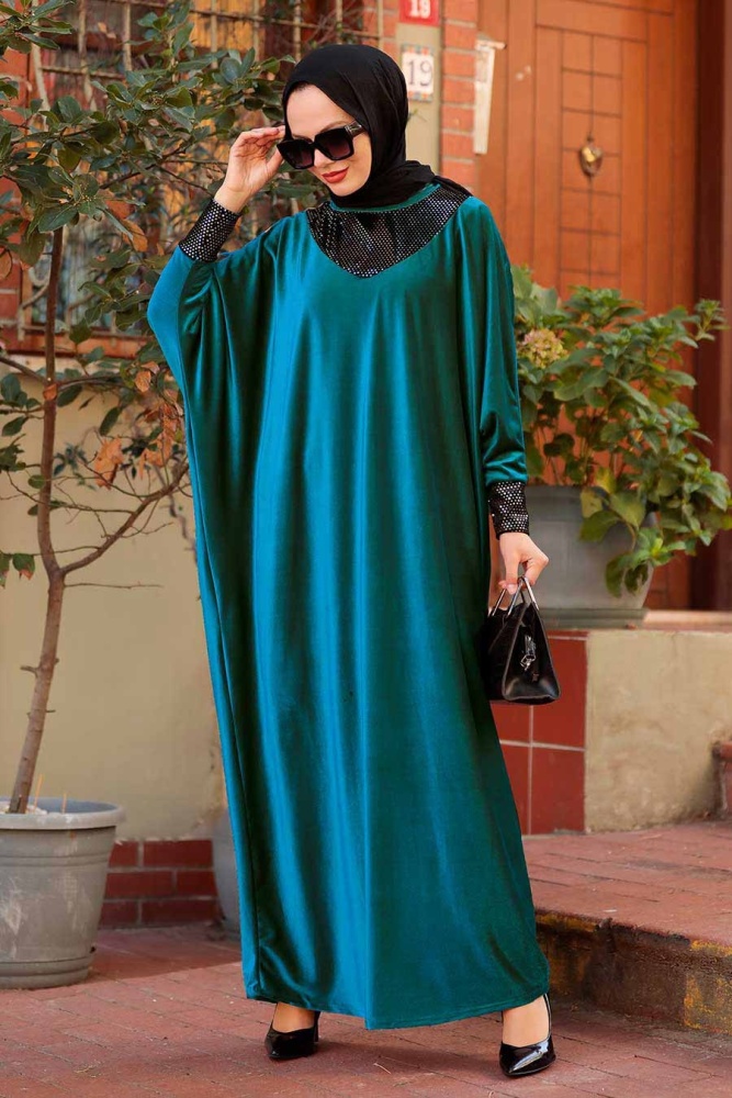 Neva Style - Yarasa Kol Petrol Mavisi Tesettür Kadife Elbise 10561PM - 1
