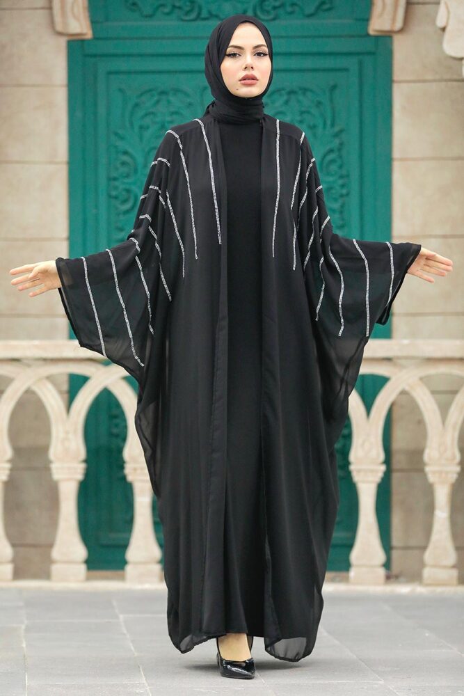  Yarasa Kol Siyah Tesettür Abaya 39200S - 1