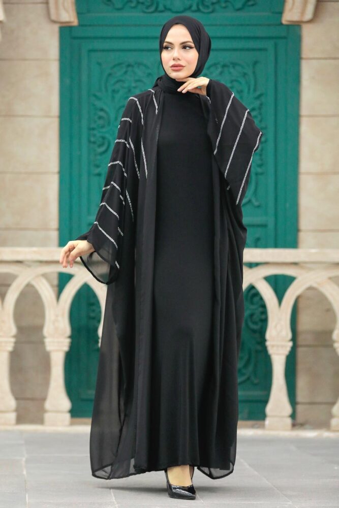  Yarasa Kol Siyah Tesettür Abaya 39200S - 2
