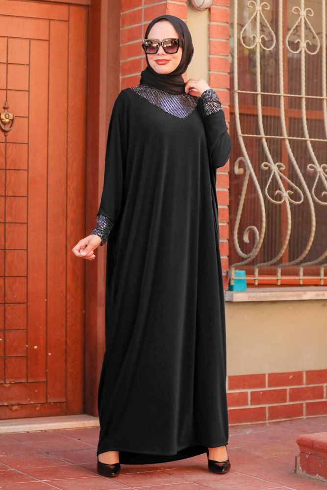 Neva Style - Yarasa Kol Siyah Tesettür Elbise 10560S - 1