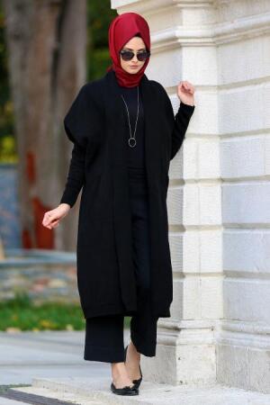 Neva Style - Yarasa Kol Siyah Tesettür Triko Hırka 2550S - 1