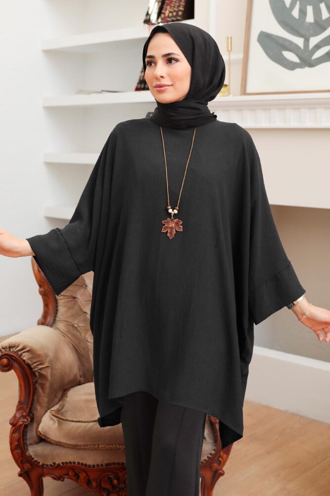 Neva Style - Yarasa Kol Siyah Tesettür Tunik 40760S - 1