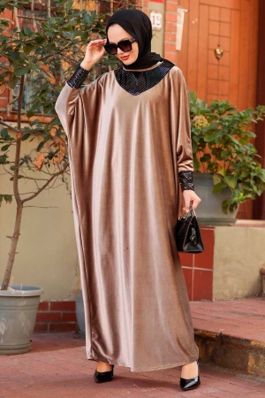 Neva Style - Yarasa Kol Vizon Tesettür Kadife Elbise 10561V - 1