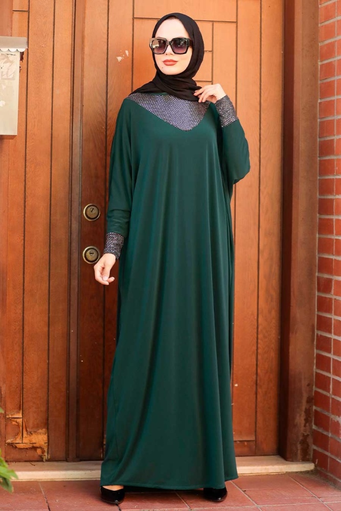 Neva Style - Yarasa Kol Yeşil Tesettür Elbise 10560Y - 1