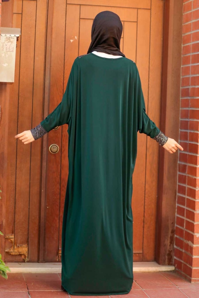 Neva Style - Yarasa Kol Yeşil Tesettür Elbise 10560Y - 2