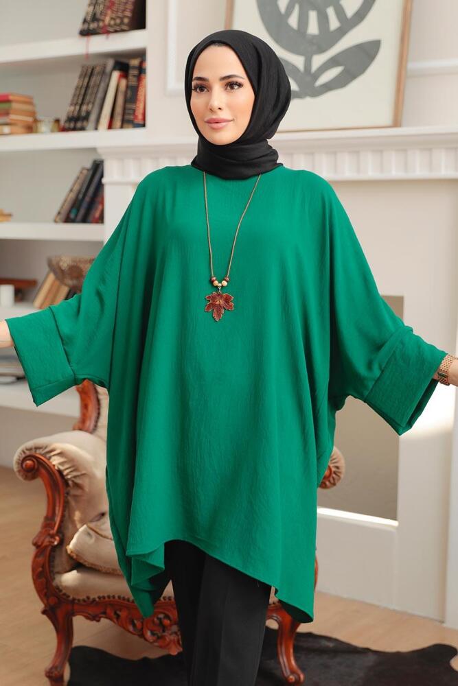 Neva Style - Yarasa Kol Yeşil Tesettür Tunik 40760Y - 1