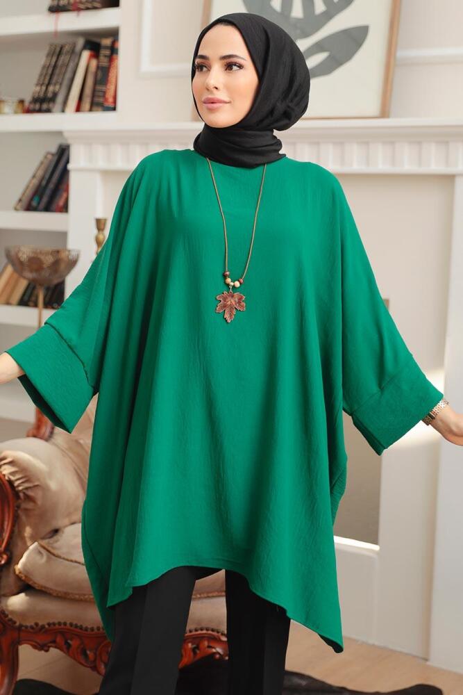 Neva Style - Yarasa Kol Yeşil Tesettür Tunik 40760Y - 2
