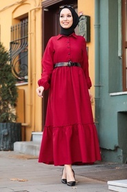 Neva Style - Yarım Düğmeli Bordo Tesettür Elbise 43290BR - Thumbnail