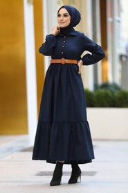 Neva Style - Yarım Düğmeli Lacivert Tesettür Elbise 43290L - Thumbnail