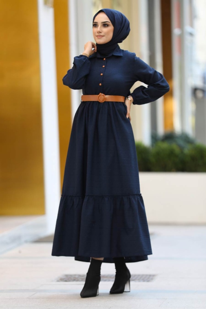 Neva Style - Yarım Düğmeli Lacivert Tesettür Elbise 43290L - 1