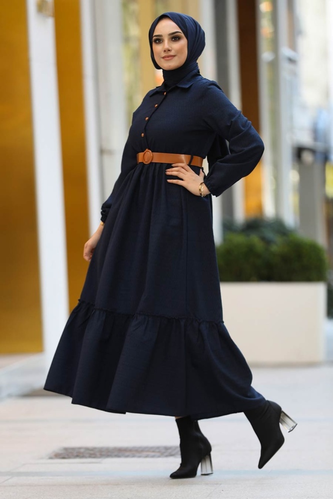 Neva Style - Yarım Düğmeli Lacivert Tesettür Elbise 43290L - 2