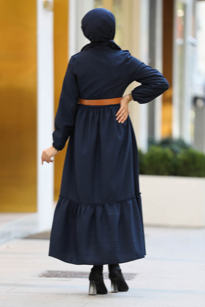 Neva Style - Yarım Düğmeli Lacivert Tesettür Elbise 43290L - 3